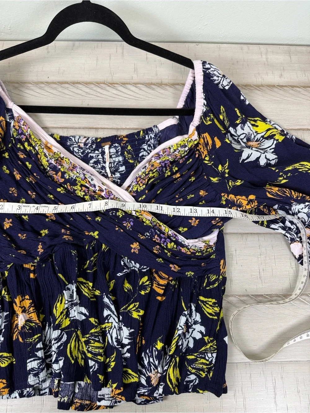 Free People Mirabella Floral Faux Wrap Smocked Top Navy Blue Large EUC